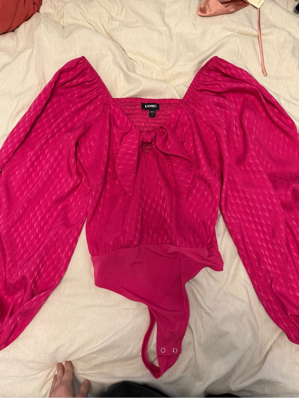 Express Hot Pink Puff Sleeve Tie-Front Bodysuit